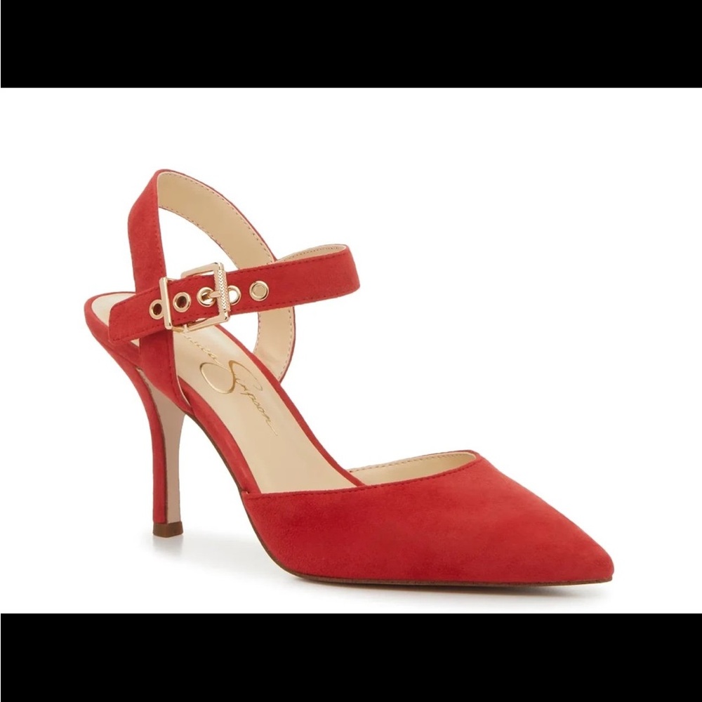 Jessica Simpson red heels with gold clasps, size 8 in EUC